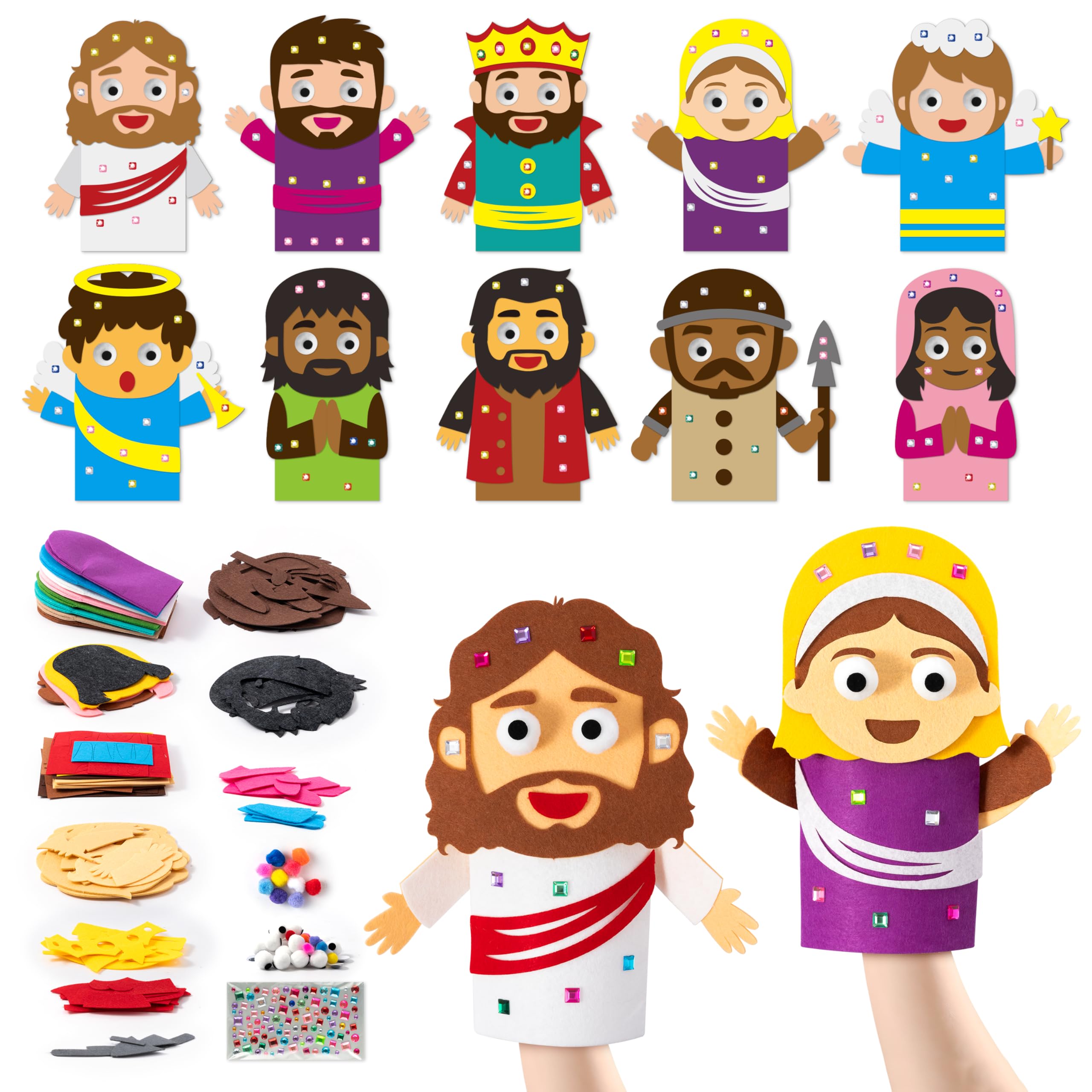 WATINC Hand Puppet Making Kit - 10pcs Jesus Resurrection Felt Sock Puppet Toys, Make Your Own Storytelling Role Play Party Supplies with Googly Eyes & Pom Poms, Arts Crafts Gift for Girls Boys(Easter)