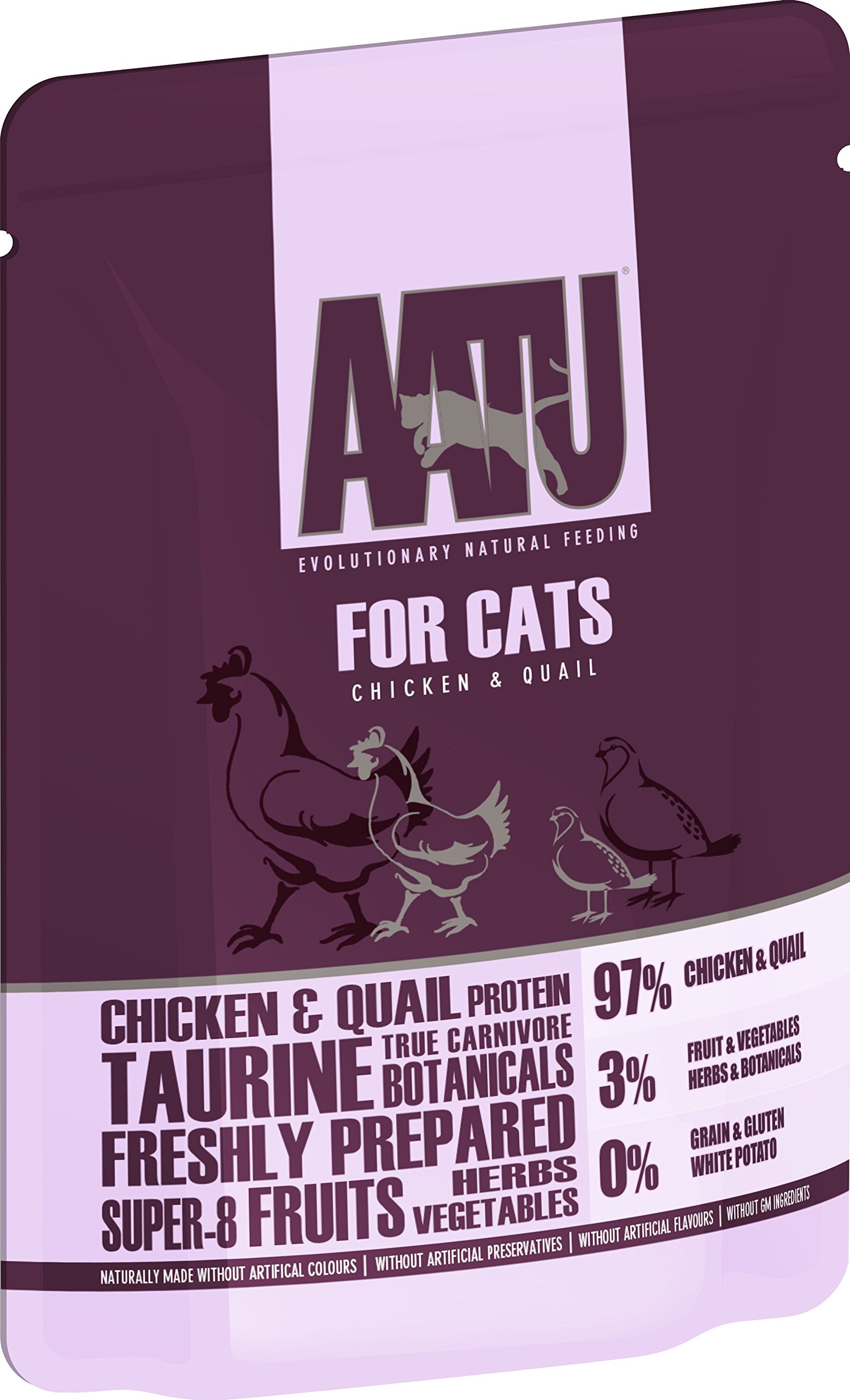 AATU 97/3 Complete Wet Cat Food, Chicken & Quail (10x85g) - Grain Free Recipe, No Artificial Ingredients, Easy Tear Pouches