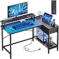 Fixwal Gaming Desk for Bedroom L Shaped Small Corner Computer Desk with Power Outlets and LED Lights, PC Desk, Home Office Desks with Drawer, Writing Desk Study Desk, Black
