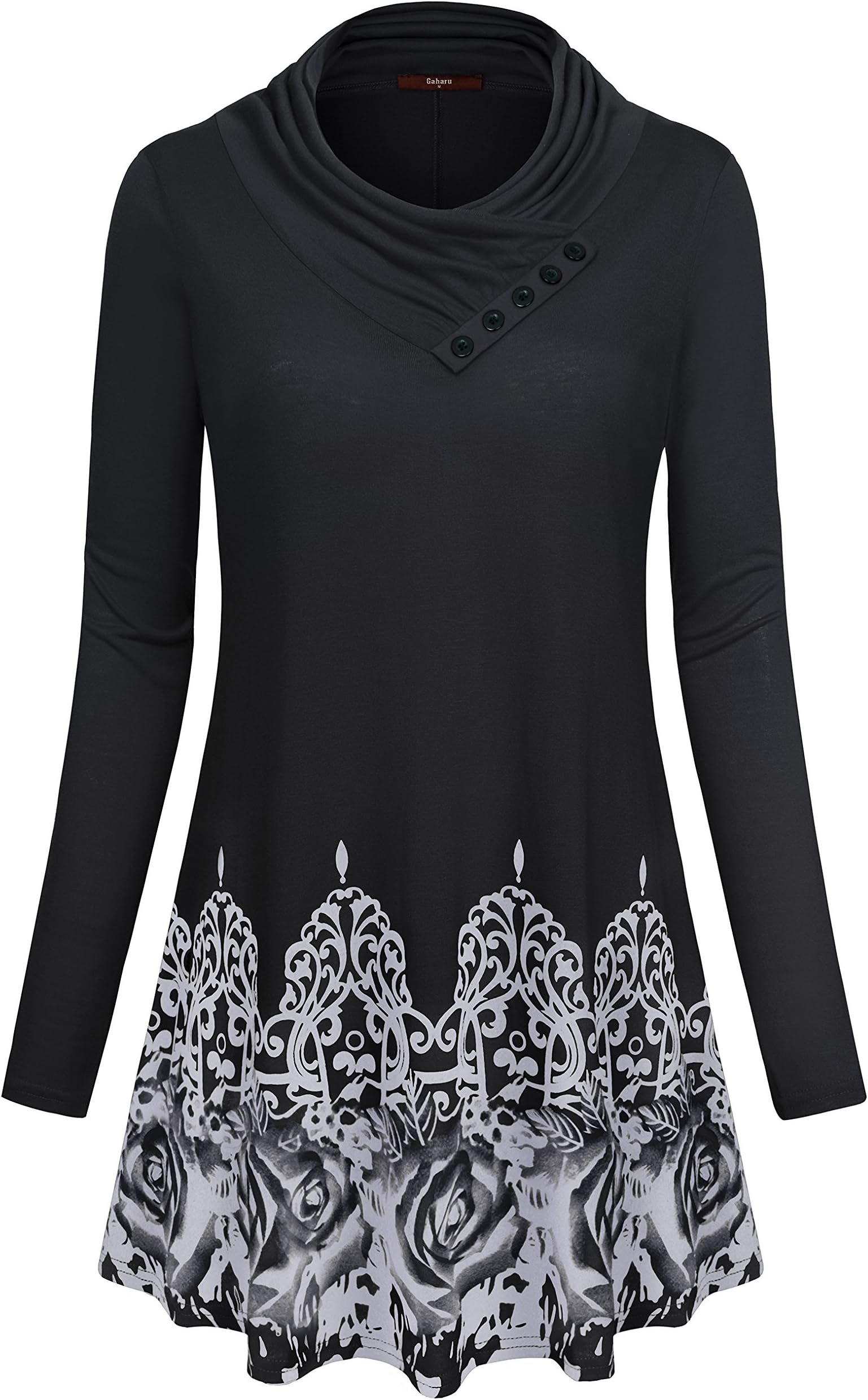 Gaharu Women's Long Sleeve Button Cowl Neck Floral Printed Casual Tunic Tops