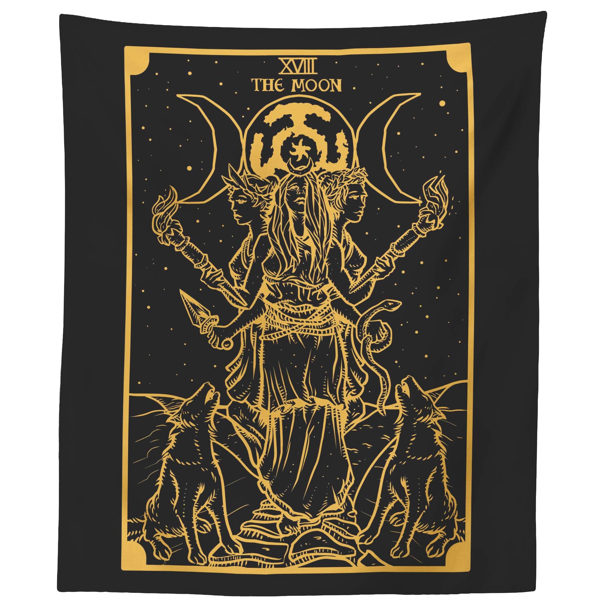 The Goddess Hecate Tarot Card Tapestry (Black & Gold) - Triple Moon Goddess of Witchcraft Hekate Wheel Pagan Witch Wall Hanging (59" x 51")
