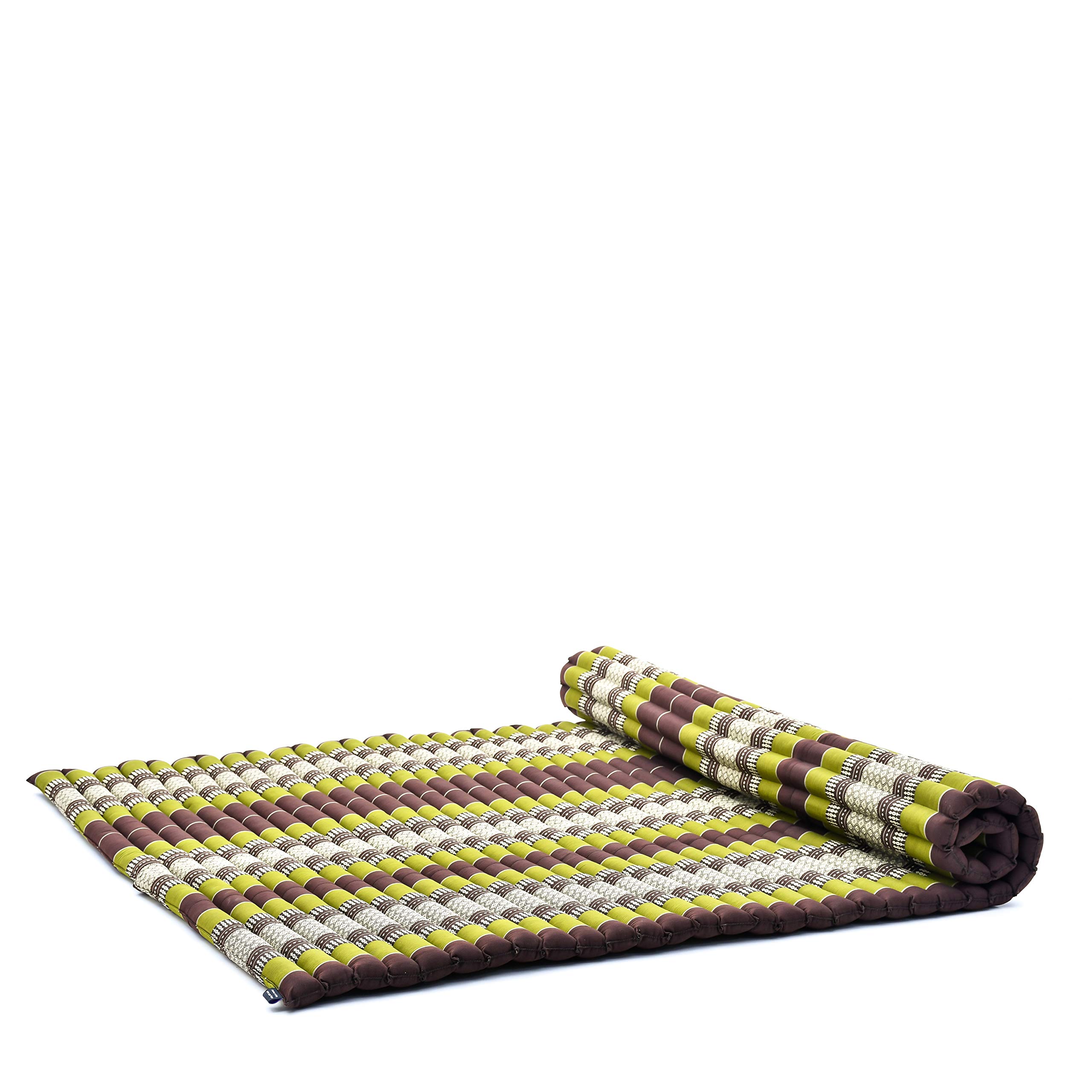 Leewadee - Foldable Floor Mattress - Japanese Roll Up Futon -Trifold Tatami Mat- Guest Floor Bed - Camping Mattress - Thai Massage Mat, Kapok Filled, 190 x 145 cm, Brown Green