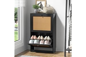 Anmytek Rattan Black Shoe Cabinet with 2 Flip Drawers, Narrow Shoe Storage Cabinet for Entryway Hallway, 2-Tier Shoe Organizer Entryway Cabinet Wooden Shoe Rack, Black S0010