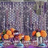 OQOQ Laser Disco Party Decorations Foil Fringe Curtains (4 Pcs) - 3.3x6.6 Ft Purple and Silver Disco Ball Tinsel Curtains for Birthday 80s Bachelorette Taylor Party Decor Photo Booth Backdrop