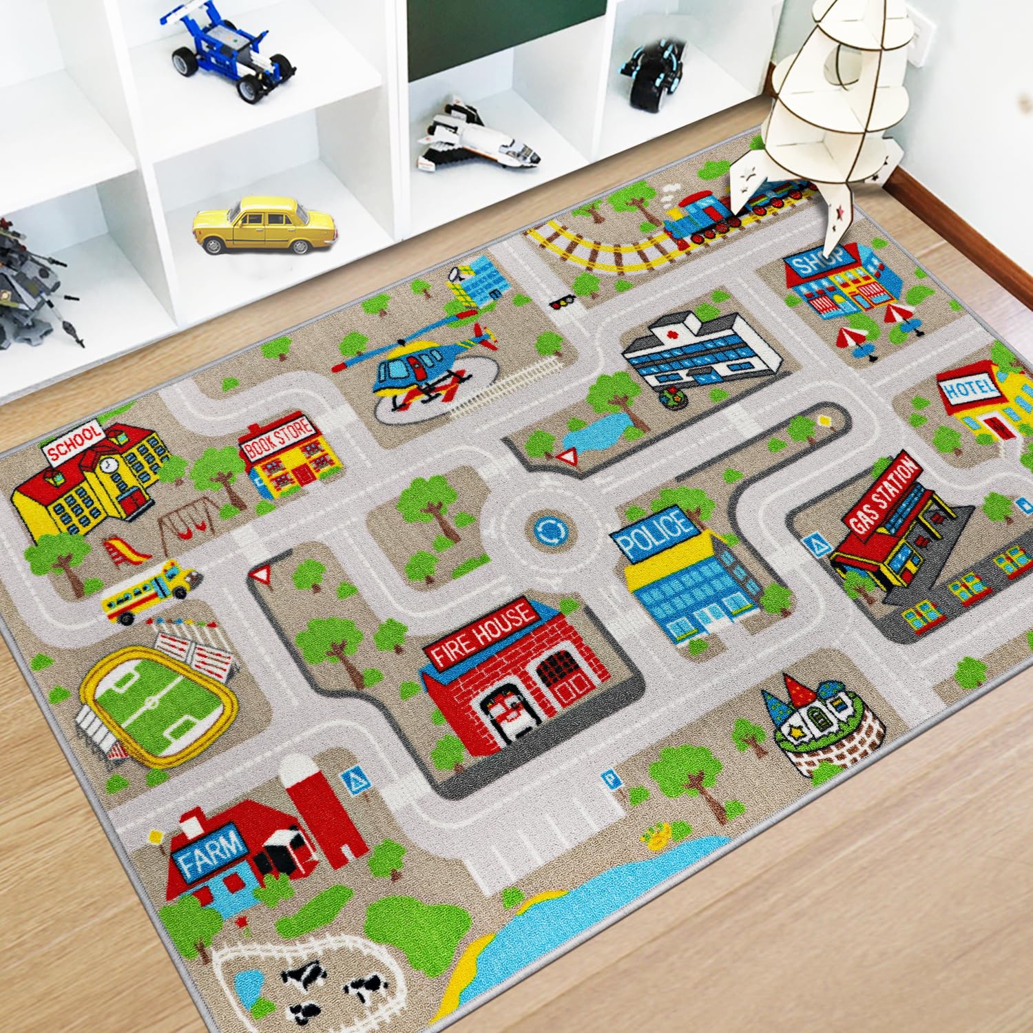 Capslpad Kids Play Rug Town City Road Car Mat 100x160cm Non-Slip Kid Carpet Playmat Machine Washable Exercise Mat Short Pile Learning Educational Area Rug for Kids Room Toddler Playroom, Sand Yellow