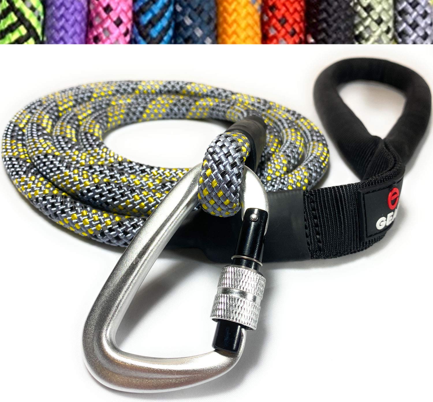 Locking Carabiner Dog Leash – Heavy Duty Rope Leash for Large & Medium Dogs | Reflective with Strong Clip & Padded Handle for Walking, Hiking, Running, Training - 6 Ft (Grey)