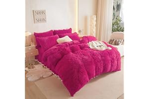HAIHUA Hot Pink Fluffy Twin Comforter Cover Set，Faux Fur Hot Pink Girls Bedding 1 Pieces (1 Plush Twin Duvet Cover) Fluffy Bed Sets Twin (Hot Pink, Twin)