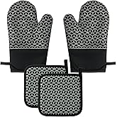 Oven Mitts and Pot Holders Sets – 500°F Heat Resistant Silicone Oven Mitt Set with Non-Slip Grip, Extra Long Kitchen Mitts & Hot Pads, Black Cooking Mitts and Pot Holder Set (4PCS)