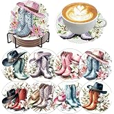 Axquilon 8 Pcs Cowboy Boots Diamond Art Coasters Kit for Adults 4x4in | Diamond Painting Coasters Kits for Adults, 5D DIY Paint by Diamond Round Full Drill Home Wall Decor Gift
