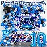 Costova Video Game 10th Birthday Decorations, 10th Birthday Decorations for Boys, Gamer Themed Blue Level 10 Backdrop Balloon Banner Tablecloth Cake Topper for Boys 10 Year Old Birthday Party Supplies