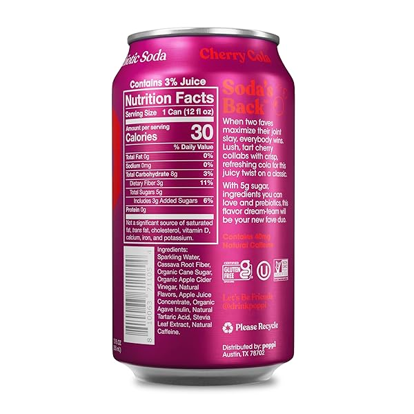 POPPI SPARKLING PREBIOTIC SODA BEVERAGE WITH APPLE CIDER VINEGAR, SELTZER WATER AND FRUIT JUICE, CHERRY COLA, 12 FL OZ, 1 COUNT, PACKAGING MAY VARY