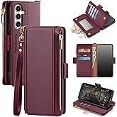 Antsturdy Compatible with Samsung Galaxy S23 FE 5G Case Wallet with Card Holder Women Men Phone Case RFID Blocking PU Leather Flip Protective Cover Wrist Strap Zipper Credit Card Slots,Wine Red