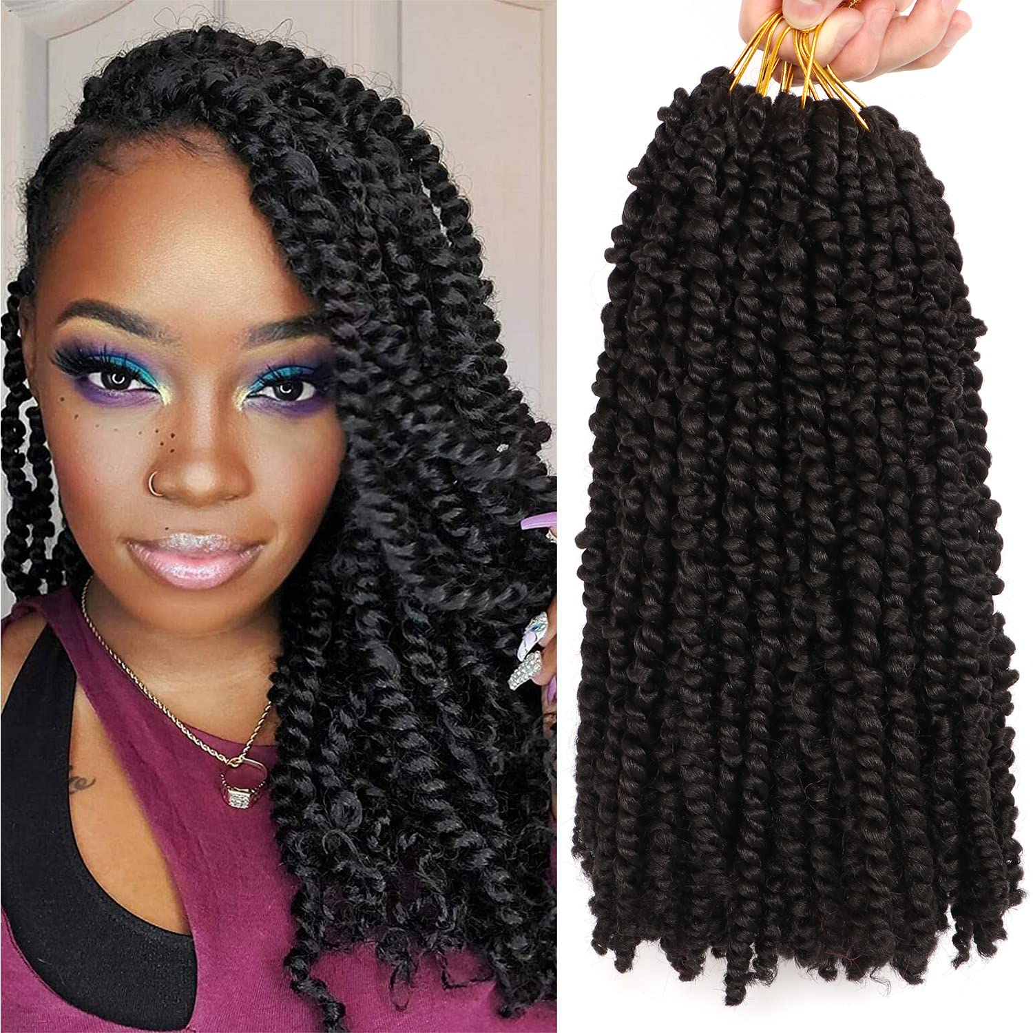 AuHeiAmeri 8 Pack Pretwisted Passion Twist Crochet Hair - 12 Inch Prelooped Extensions for Black Women With Water Wave Braids (1B)