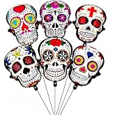 6Pcs Sugar Skull Balloons Day of The Dead Foil Balloons for Halloween Dia De Los Muertos Celebrations Birthday Baby Shower Wedding Party Decor