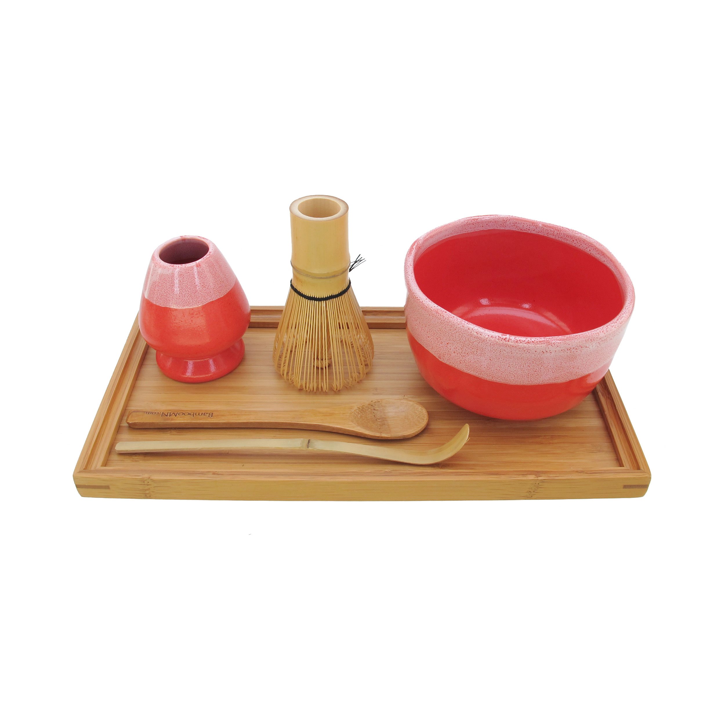BambooMN Brand - Matcha Bowl Set (Includes Bowl, Rest,Tea Whisk, Chasaku, Tea Spoon & Tray) 1 Set Coral
