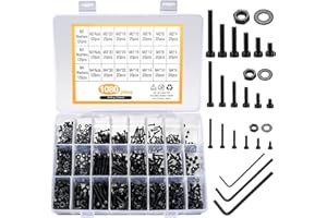 QIWUHAI 1080 Pcs M2 M3 M4 Hex Button Socket Head Cap Screws Bolts Nuts Flat Washers Assortment Kit, Alloy Steel Black Machine Screws and Nuts and Bolts and Washers Set (Black 1080)