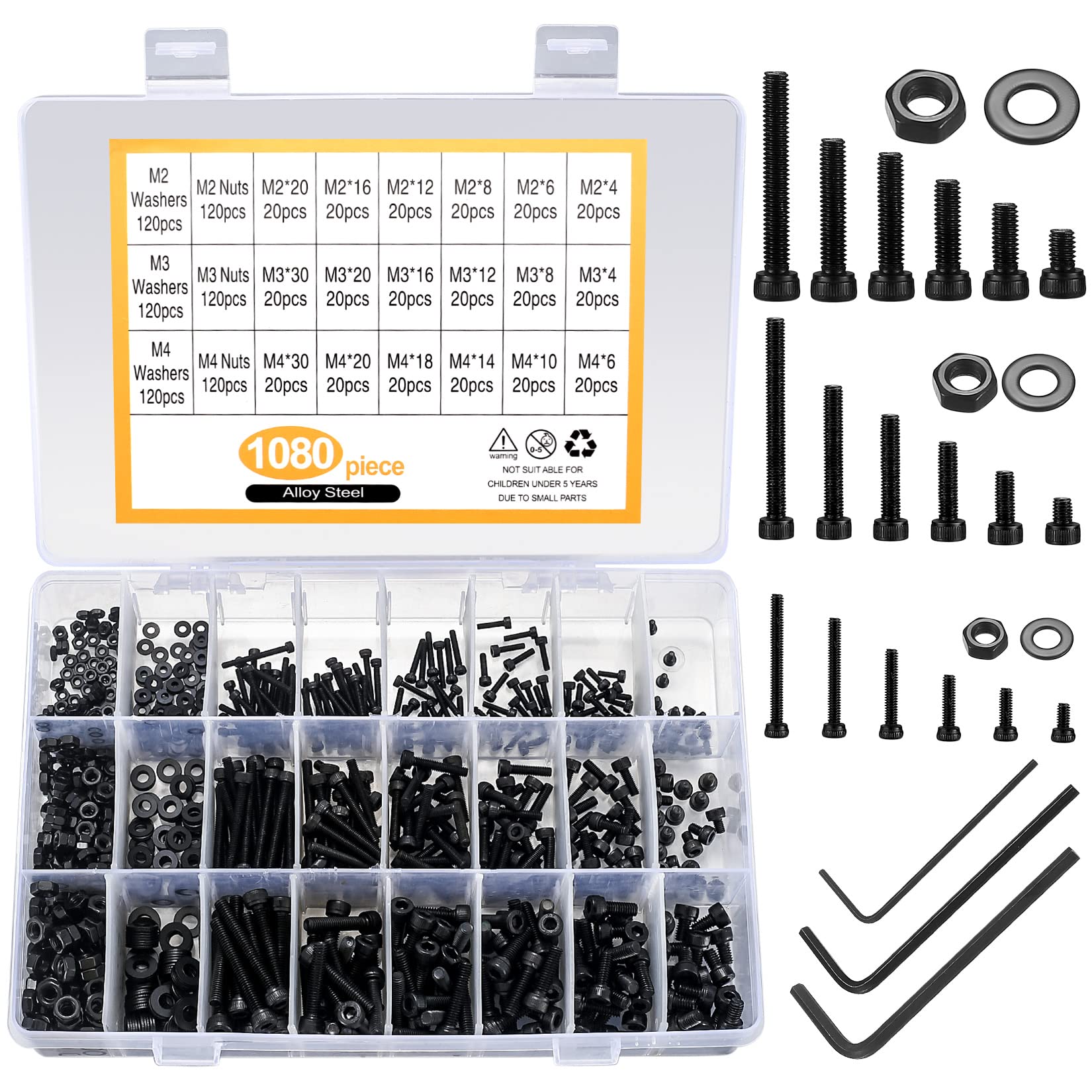 1080 Pcs M2/M3/M4 Hex Socket Screws, Bolts and Nuts, Washers Assortment Kit, Black Alloy Steel Hex Head Screws, Machine Screws, Nuts(1080 balck) — image 1