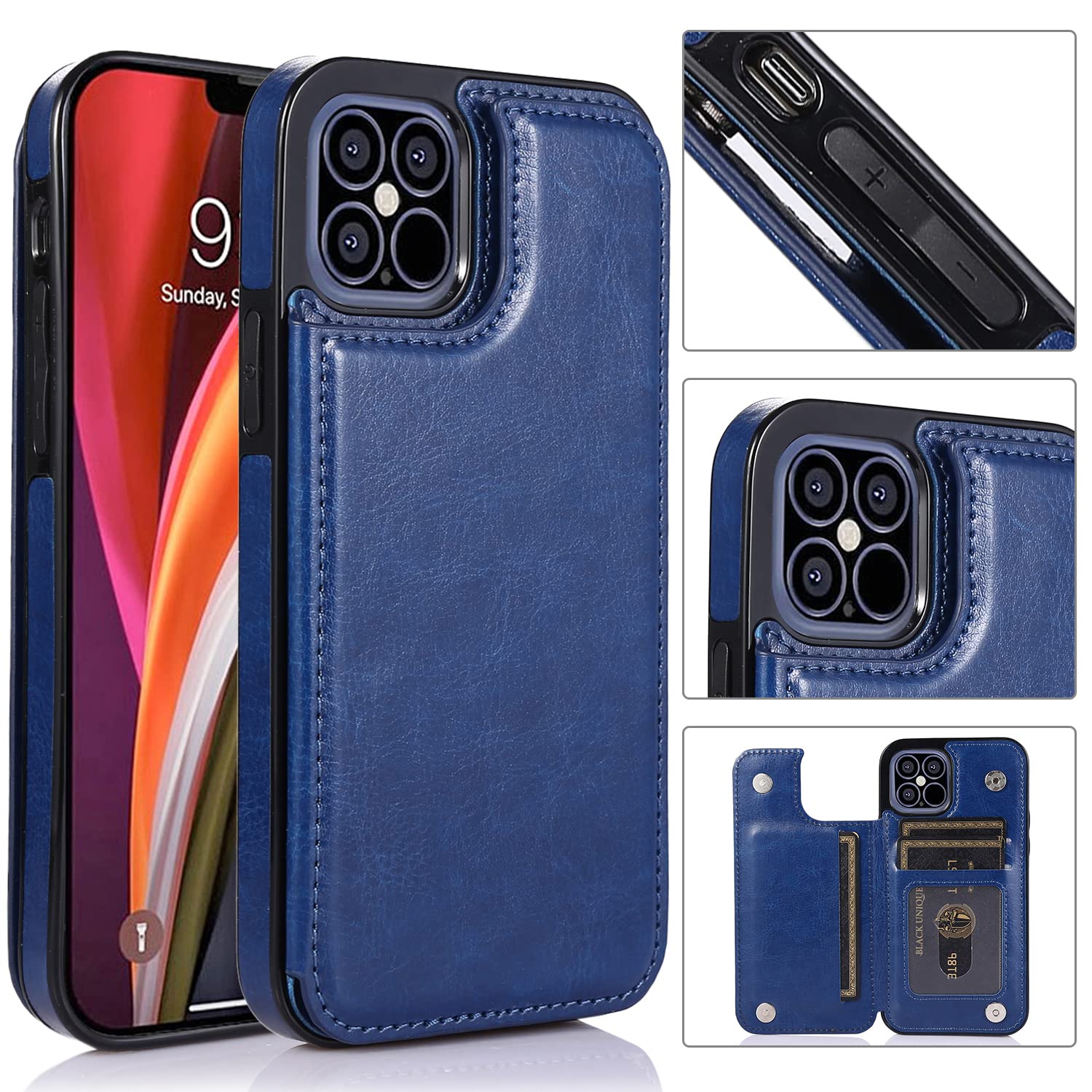 UEEBAI Case for iPhone 13 6.1 inch, Luxury PU Leather Case with [Two Magnetic Clasp] [Card Slots] Stand Function Durable Shockproof Soft TPU Case Back Wallet Cover - Blue#2 — image 1