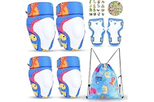 GINGILI LIFE Boys Knee Pads Kids Dinosaur Knee Elbow Pads Wrist Guards with Drawstring Bag Adjustable Protective Gear Set for Boys Roller Skating Bike Scooter Dino Stickers