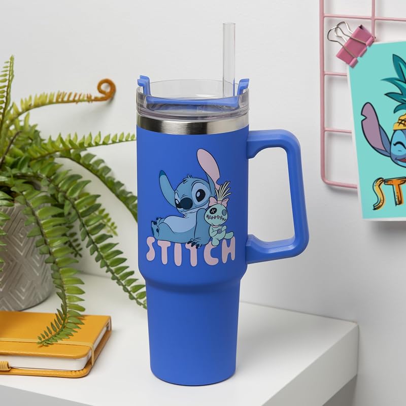 Tasse de voyage isotherme Disney Stitch avec paille bleue, 900 ml, Produit sous licence officielle avec poignée pour thé glacé ou café