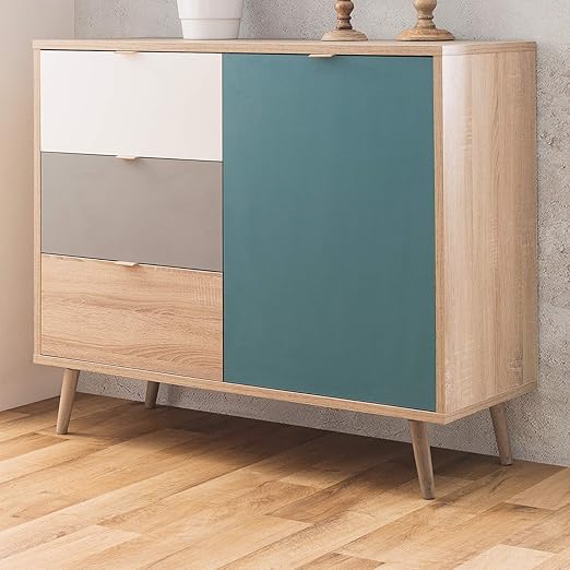 Finori Sideboard Kommode Cuba In Sonoma Eiche Hell Mit Petrol Weiss Und Grau Tricolor Skandinavische Anrichte 103 X 87 Cm Amazon De Kuche Haushalt