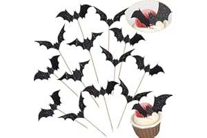 Rsstarxi 30 Pack Black Glitter Bat Halloween Cupcake Picks & Toppers for Bat Theme Baby Shower, Kids Birthday & Party Cake Decorations