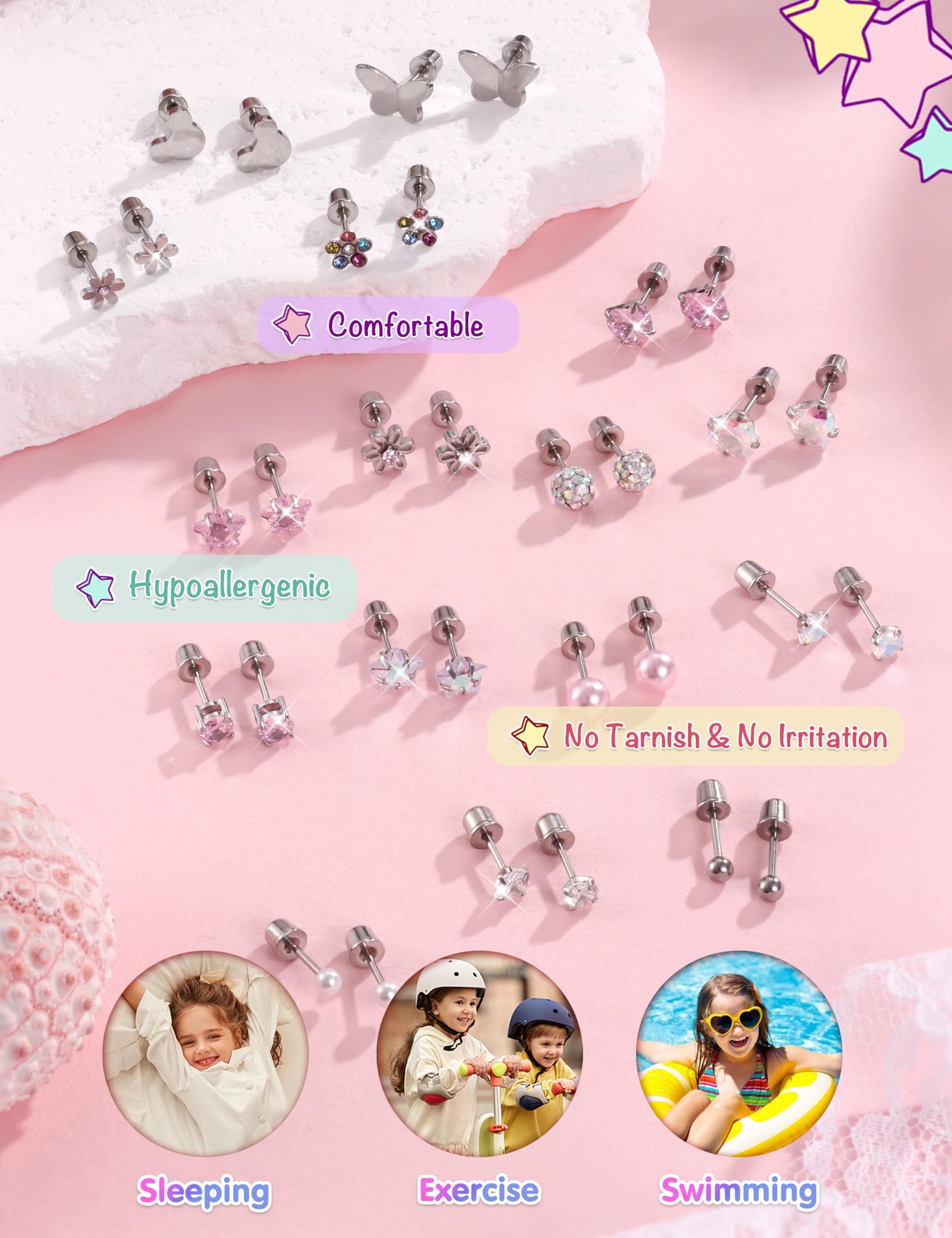 CASSIECA 16 Pairs Hypoallergenic Screw Back Earrings for Women Girls 316L Stainless Steel CZ Ball Heart Flower Screwback Flat Back Stud Earrings Jewelry Gift Women Multicolored Pink