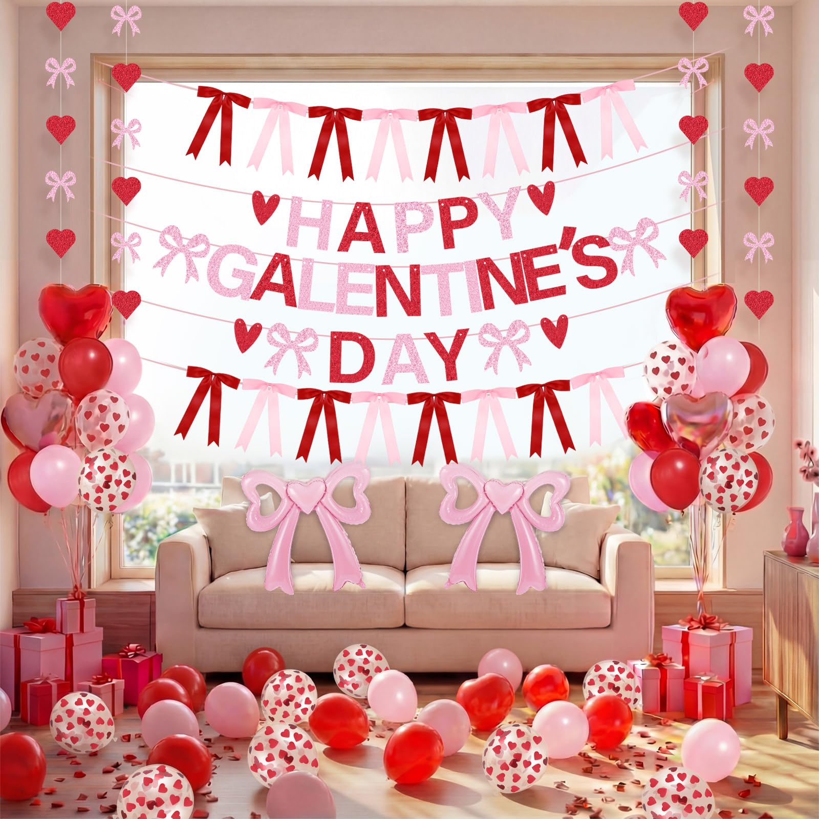 Photo 1 of Ceenna Pink Bow Galentine's Day Decorations for Women Lady Happy Galentine's Day Glitter Banner Pink Red Bow Heart Balloons Ladies Valentines Party Decorations Photo Prop