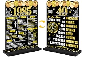 Guiruiy Black Gold 40th Birthday Decorations Gifts for Men Women, Two-Sided Vintage 40 Back in 1985 Theme Poster Wooden Table Sign with Stand, Forty Years Old Bday Centerpieces Holder for Table Decor