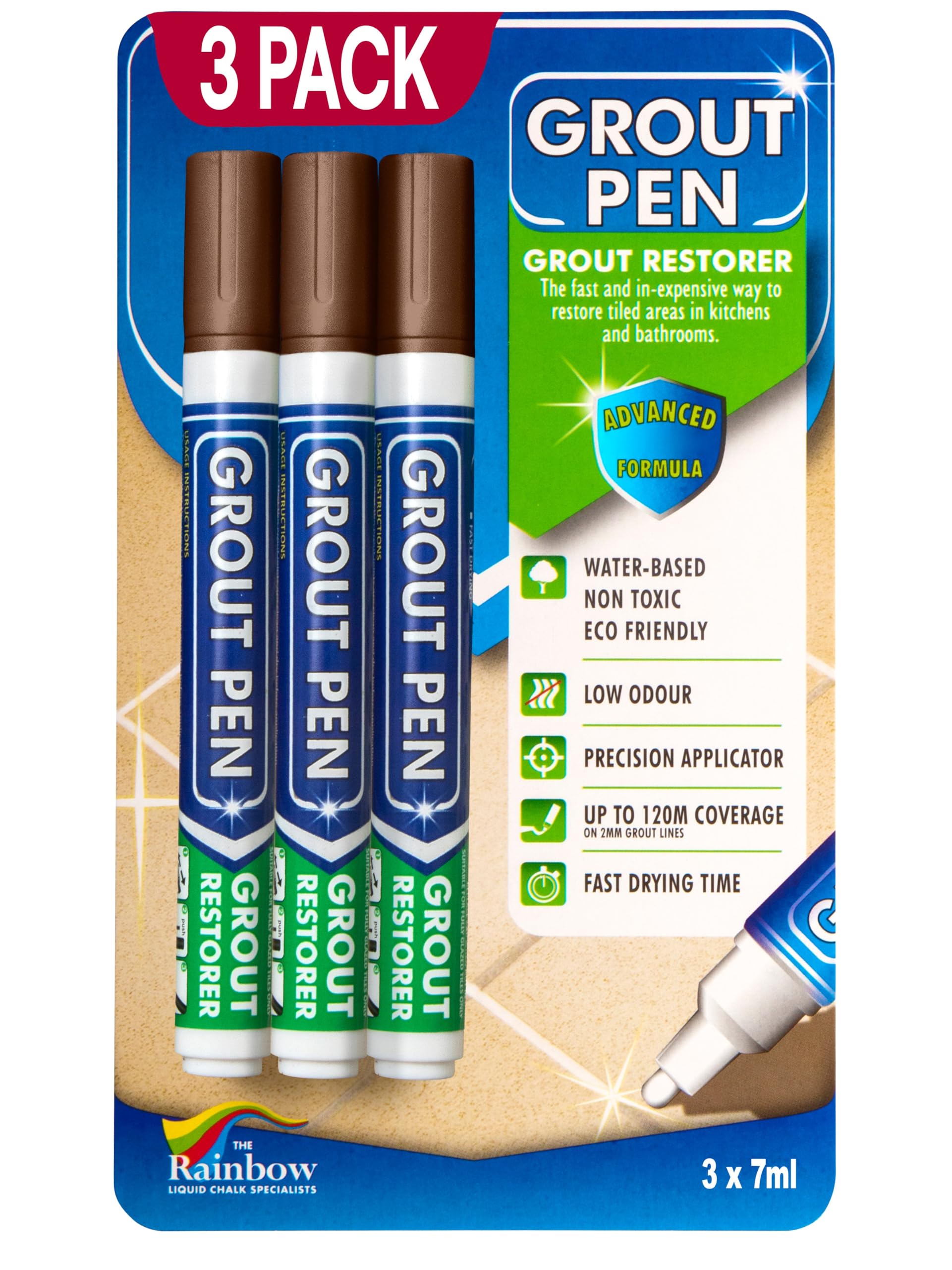 3 X BROWN Grout Pens - Designed for restoring tile grout