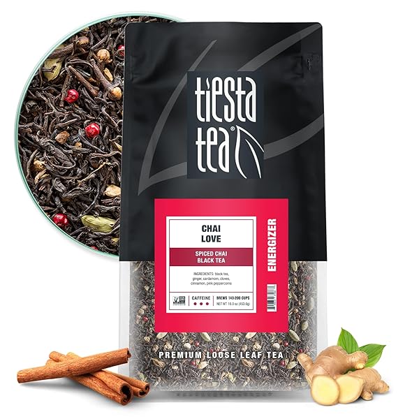 TIESTA TEA – CHAI LOVE, LOOSE LEAF, SPICED CHAI BLACK TEA, PREMIUM HIGH CAFFEINATED BLEND, MAKE HOT OR ICED & BREWS UP TO 200 CUPS, 16 OUNCE RESEALABLE BULK POUCH