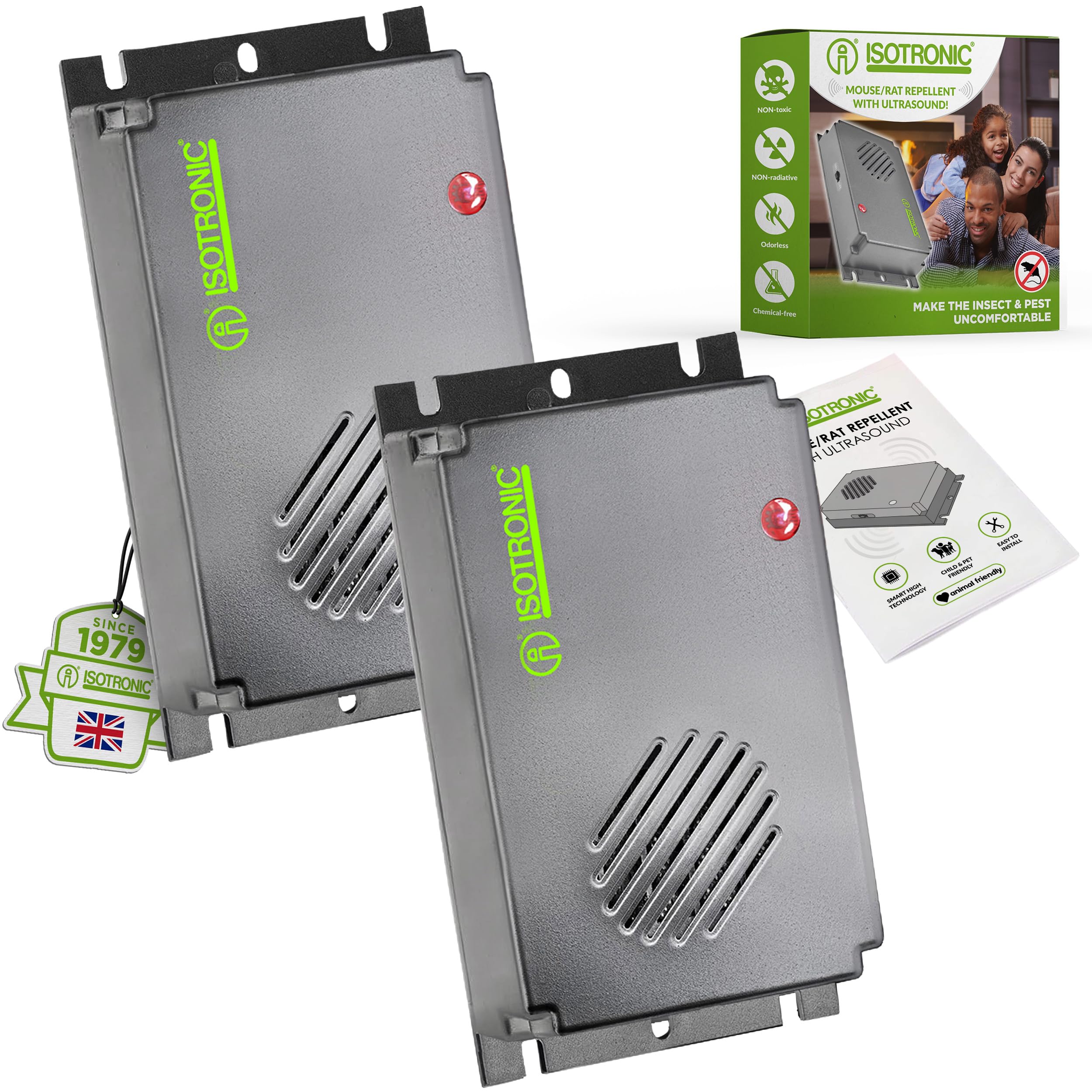 ISOTRONIC Mice Repeller, 2 pieces deterrent to protect you house, garden and car, scarer for mouse, rat, rodents