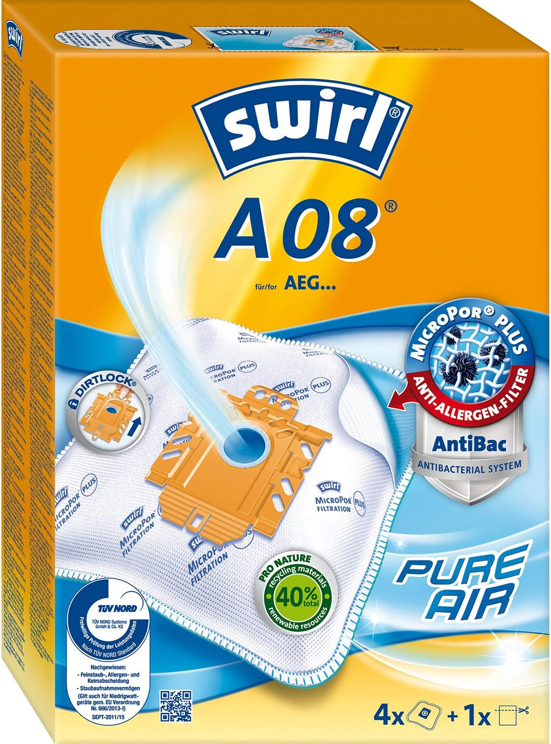 Swirl A 08 MicroPor Plus Vacuum Cleaner Bags for AEG 7300 Vampyr Vacuum Cleaners, Lockable Holding Plate, 4 bags + 1 filters