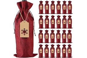 PIXHOTUL Burlap Wine Gift Bags, 24 Pcs Jute Drawstring Wine Bottle Covers with Ropes and Tags for Christmas, Wedding, Travel, Birthday, Holiday Party (24Pcs Wine Red)