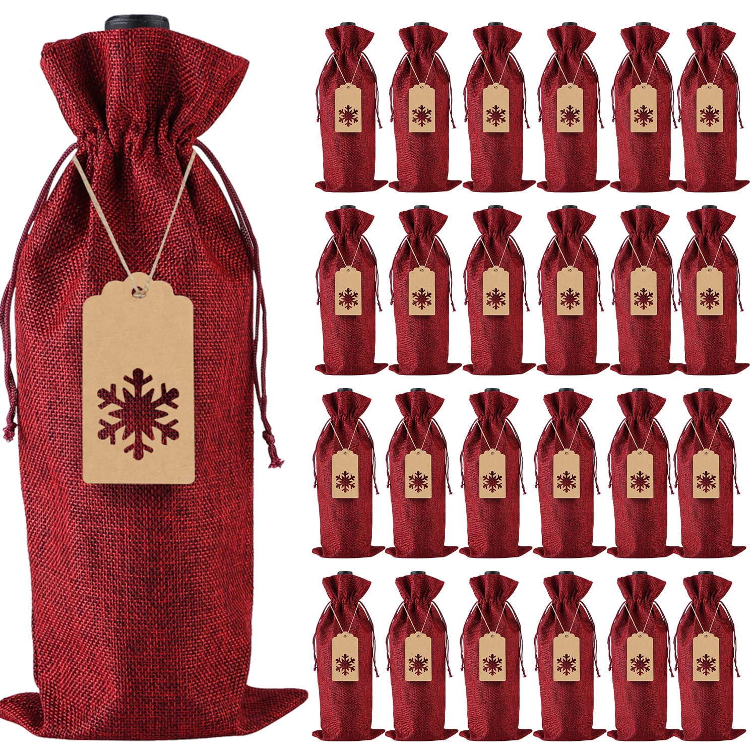 Burlap Wine Gift Bags, 24 Pcs Jute Drawstring Wine Bottle Covers with Tags and Ropes for Christmas, Wedding, Travel, Birthday, Holiday Party