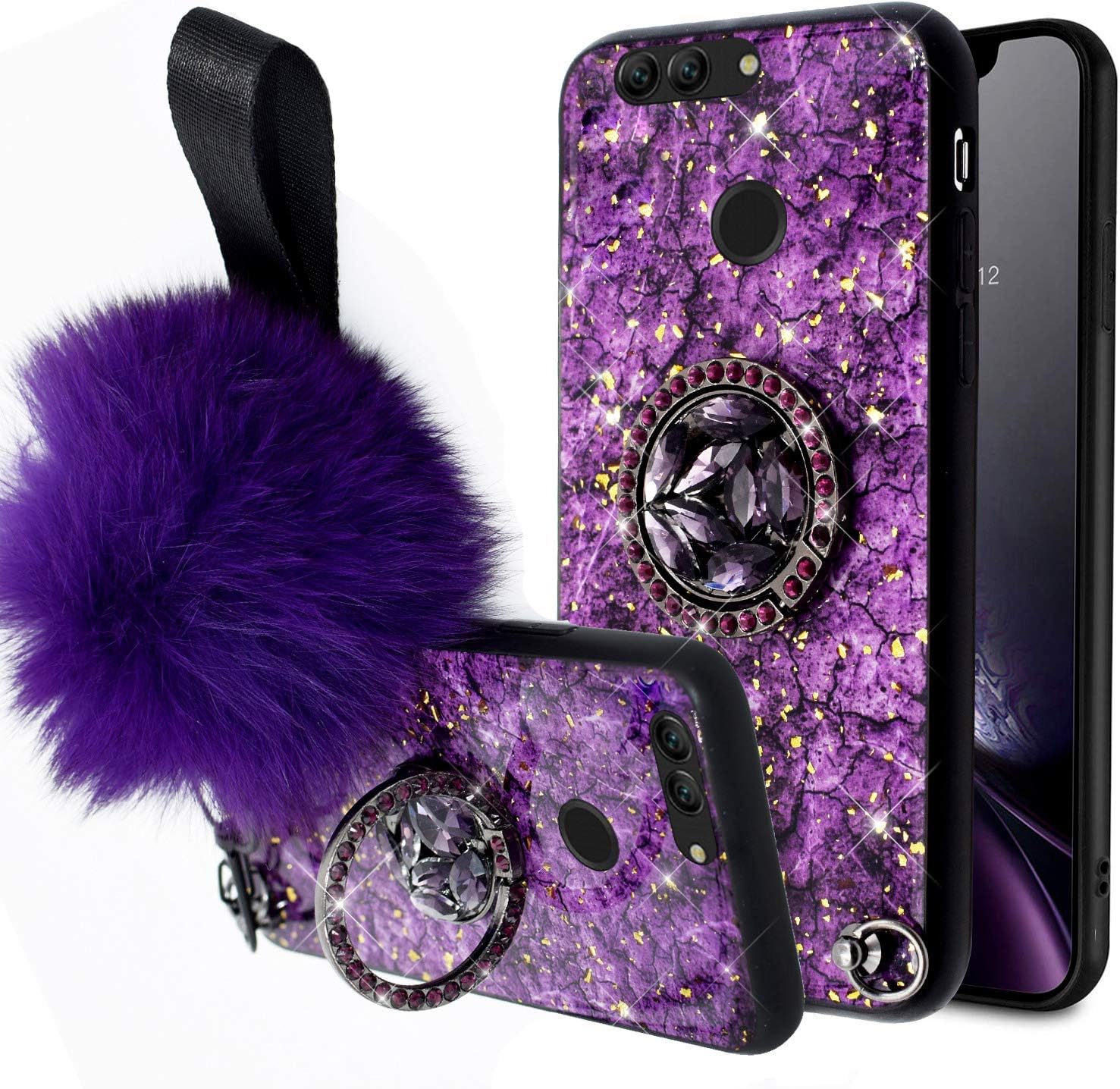 MoreChioce Compatible with Huawei Nova 2 Plus Case,Glitter Bling with Cover Diamond Rhinestone Stand Holder,Ultra-Slim Shock -Absorption Bumper Protective Silicone Case,Purple
