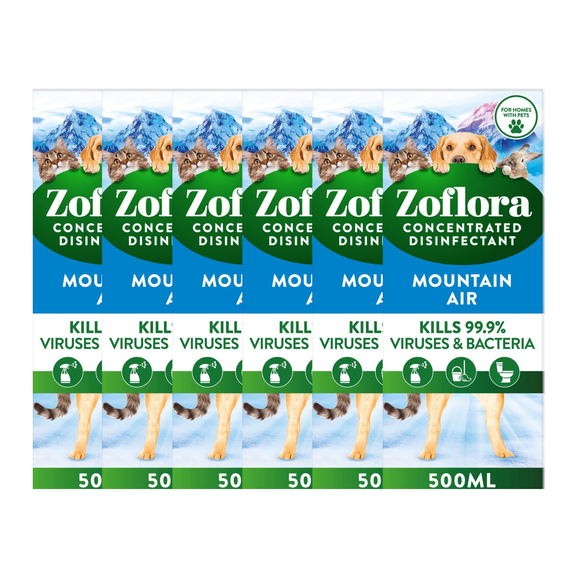 Zoflora Fresh Home Mountain Air Concentrated Disinfectant Liquid, Pack of 6 x 500ml, Pet-Safe Multi-Surface Cleaner, Antibacterial, Kills 99.9% of Germs