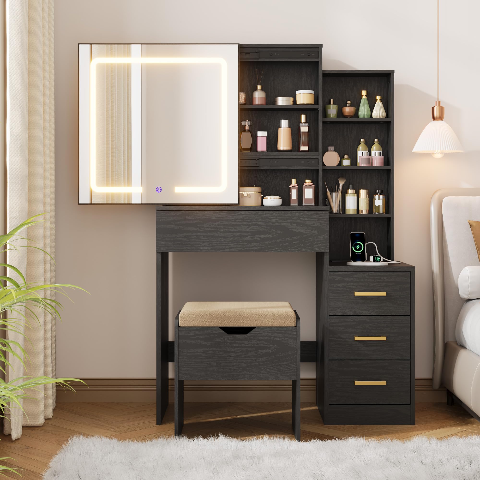 Photo 1 of GarveeHome Makeup Vanity Desk with Sliding Mirror, Vanity Dressing Table with 3 Color Adjustable Lights, Girls Vanity Set with Stool, 4 Compact Vanity Drawers, Power Outlet, Black