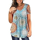 BeadChica Womens Short Sleeve Tunic Tops For Leggings Casual Botton Up Tshirts Henley Ruched Blouses Summer