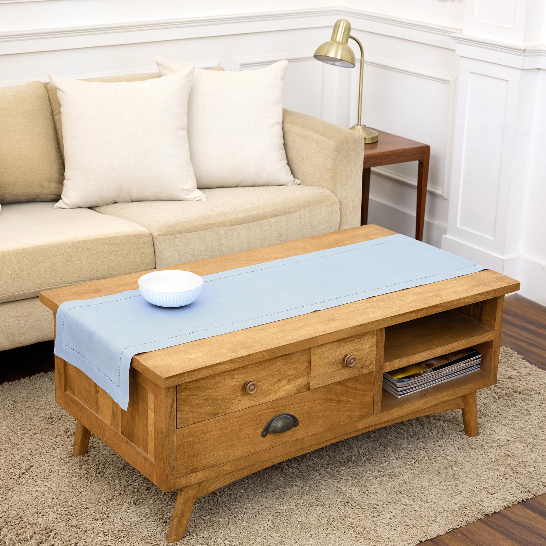 Solino Home Linen Table Runner 14 x 60 Inch – 100% Pure Linen Classic Hemstitch Table Runner Light Blue – Machine Washable and Handcrafted from European Flax