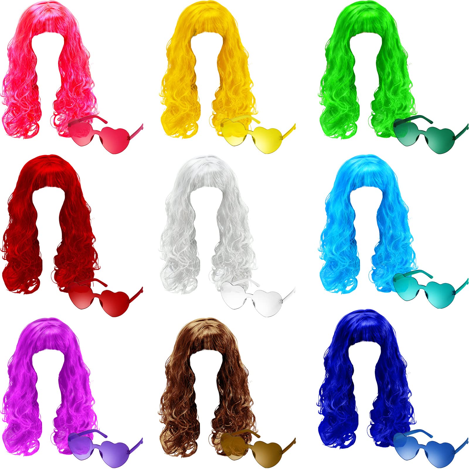 Photo 1 of 18 Piece Colorful Long Curly Wigs & Heart Sunglasses Set - Curly Wigs, Wavy Long Wig, Rimless Sunglasses for Neon Bachelorette Party, Halloween Costume, Cosplay Decorations