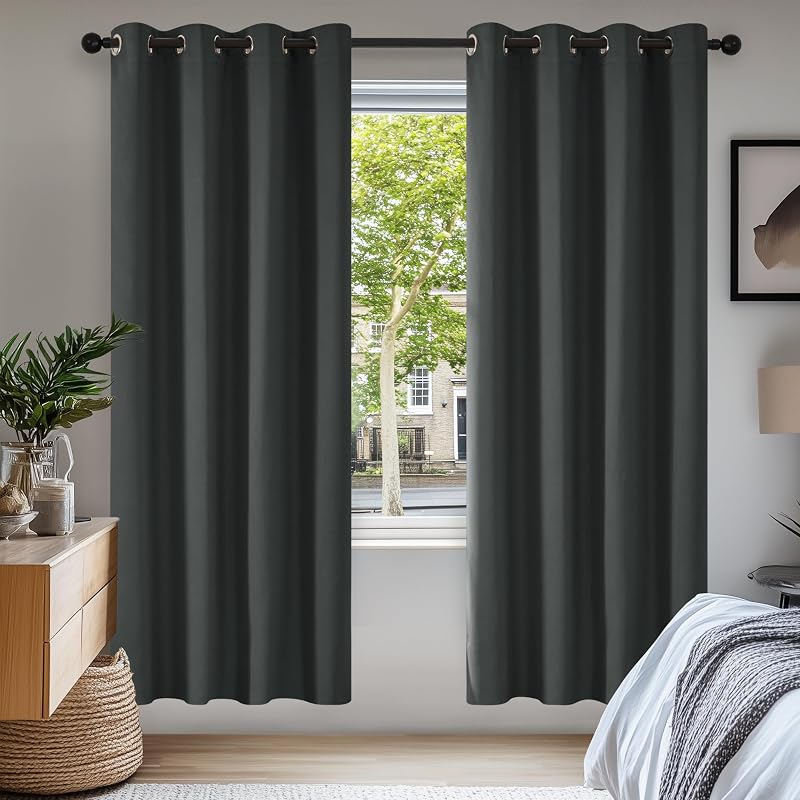 Deconovo Dark Grey Thermal Blackout Curtains 140x180 cm 2 Panels Ring Top