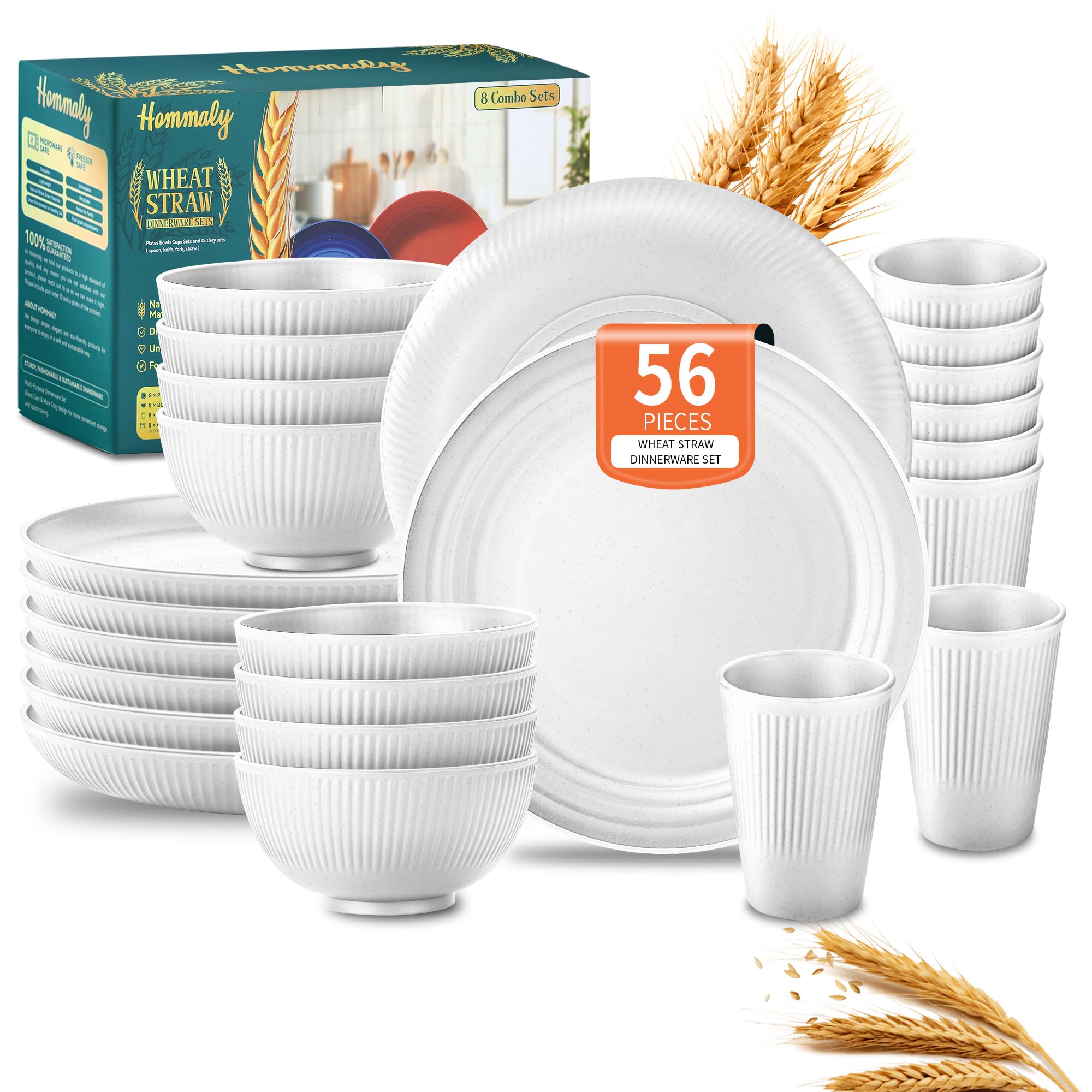 Photo 1 of Wheat Straw Dinnerware Sets,56-Piece Plates and Bowls Sets for 8-Unbreakable,Reusable Plastic Dish Set-Dinner Plate/Cereal Bowl/Cup/Utensils-Microwavable Dishwasher Safe 56P-Light Gray