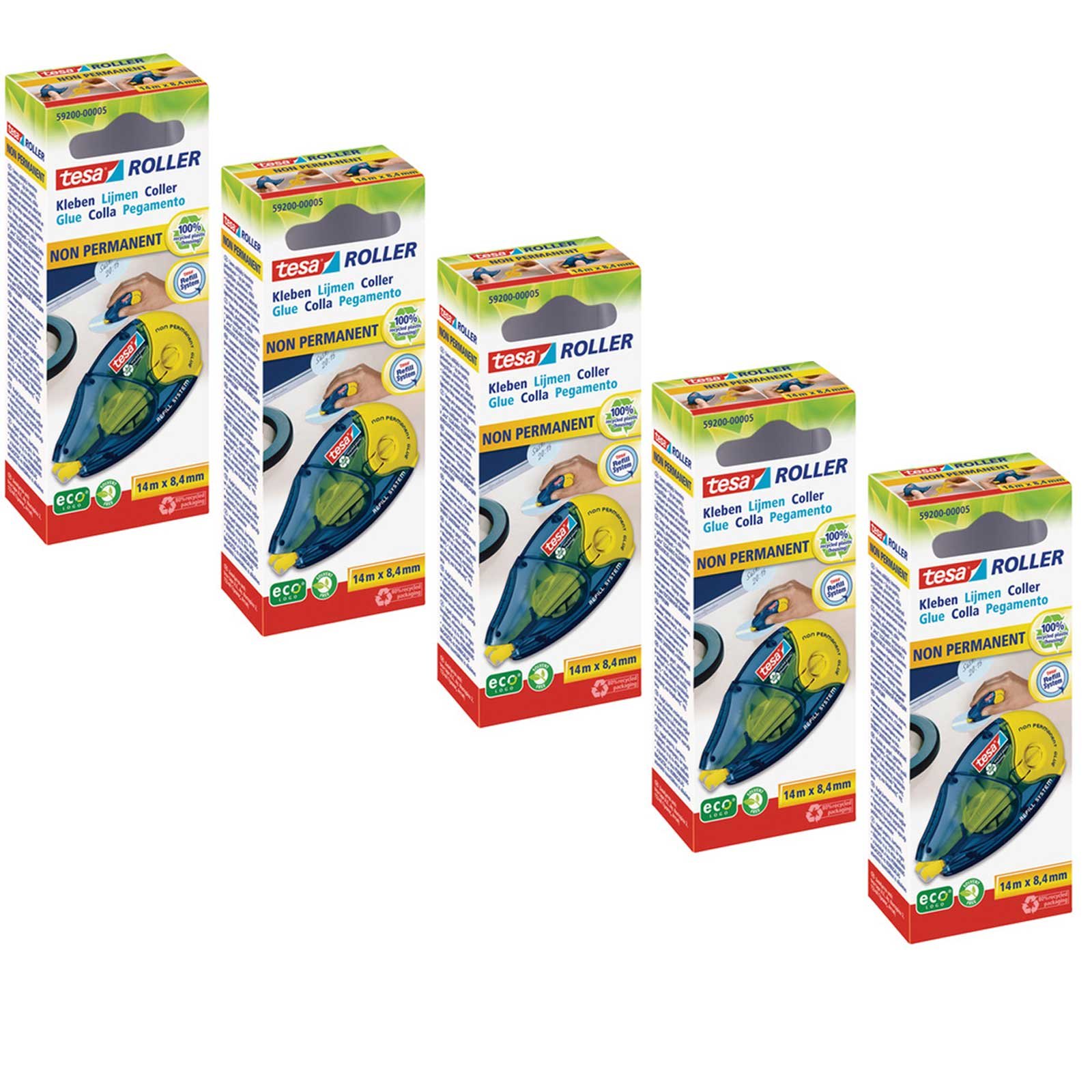 tesa 59200 Recycled and Eco Friendly Non-Permanent 8.4mm x 14m Glue Rollser (Pack of 5 Rolls)