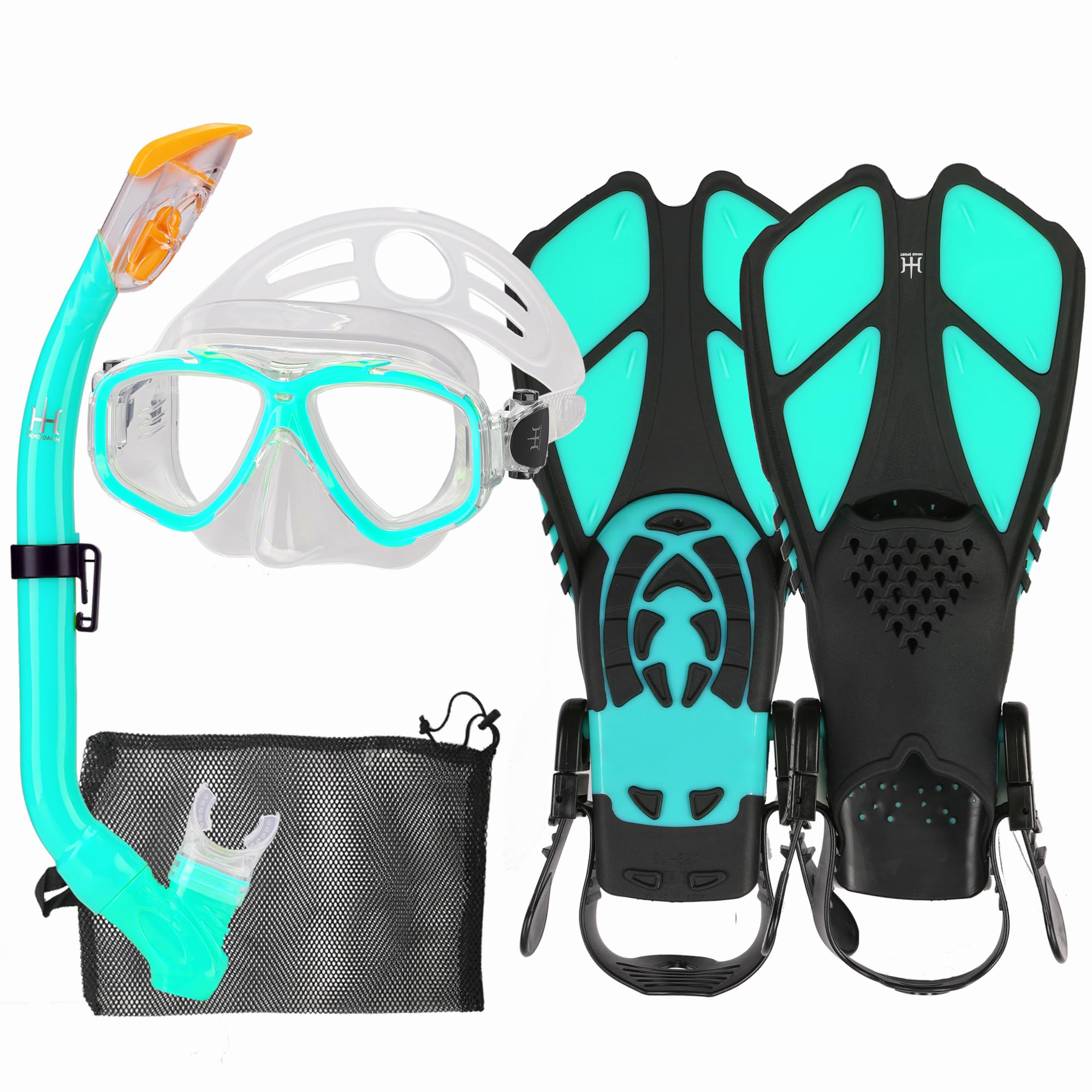 Kids Mask Snorkeling Set with Fins Anti Leak Snorkeling Gear for Kids with Adjustable Flippers, Youth Junior Full Dry Snorkel Set Swimming Goggles with Nose Cover Diving Mask Scuba with Bag, 5-14 Yrs