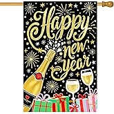 HOMETITUTE Happy New Year House Flag 28x40 Inch Champagne Bottle Gift Boxes and Fireworks Garden Flag Outdoor Yard Decoration Holiday Celebration Banner for Home Porch Lawn