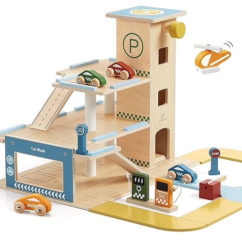 Little Log Wooden 3-Storey Parking Garage – All-Wood Playset with Lift, Car-Wash, Helipad & 8 Track Pieces, 20-pcs Playset for Boys & Girls Age 3+