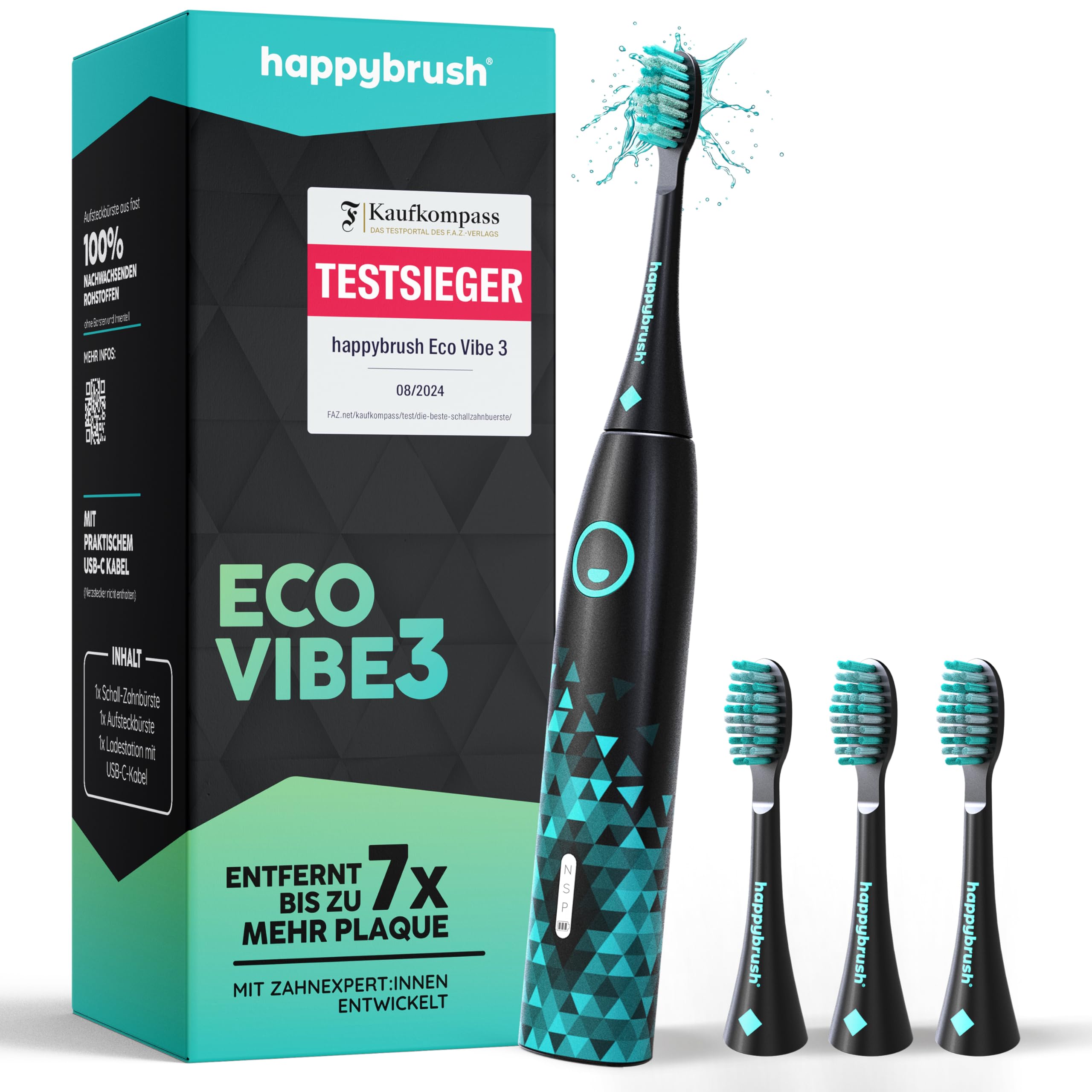 happybrush® Schallzahnbürste Eco Vibe 3 – TESTSIEGER – 100 Tage testen - Elektrische Zahnbürste mit 8 Wochen Akku – Ultraschall Zahnbürsten – 2 Jahre Garantie - Inkl. Aufsteckbürsten - Black/Mint