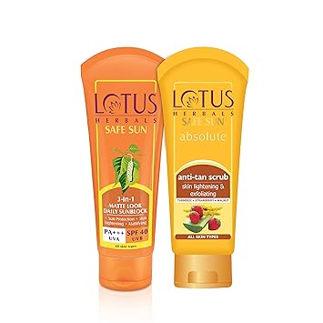 Lotus Herbals 3-In-1 Matte Look Sunblock Spf 40 Cream 100 g and Anti-Tan Skin Lightening & Exfoliating Scrub 100g