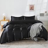HOdo Home Satin Duvet Cover Queen Size, 3PCS Silk Like Comforter Cover, Ultra Soft and Breathable Bedding Set with Zipper Closure &amp; Corner Ties（Black）